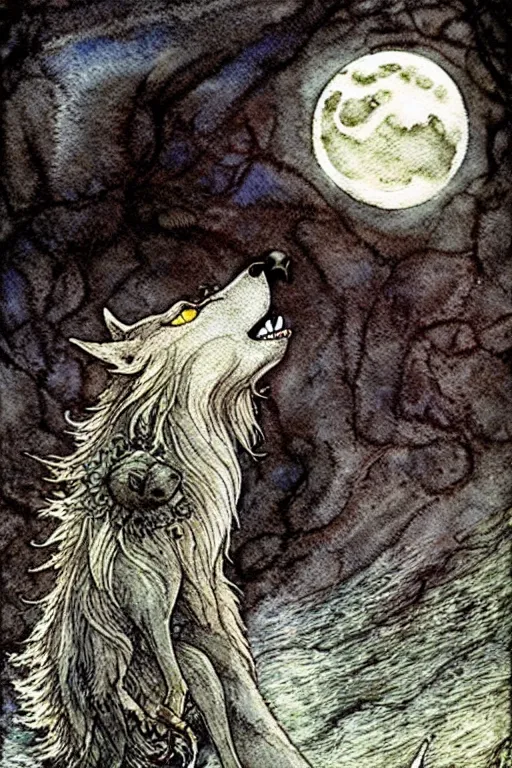 Image similar to one detailed werewolf howling at the moon, art by luis royo and walter crane and kay nielsen, watercolor illustration, ultra sharp focus, wot