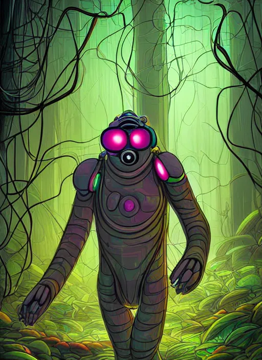 Prompt: cyber monkey in the scifi forest, in style james jea, illustration, fine colors