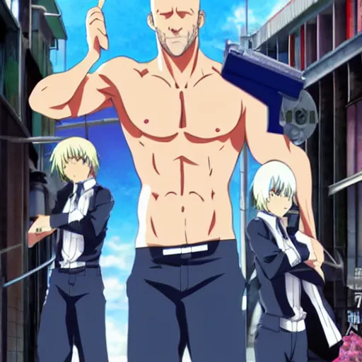 Image similar to jason statham as anime character, kyoto animation, magical