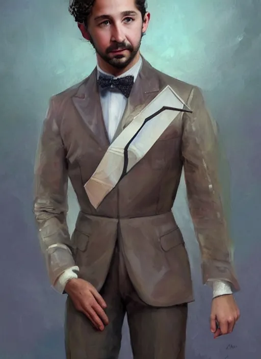 Image similar to a professional painting of Shia LaBeouf as a beautiful young prince, wearing an origami high fashion tuxedo, olive skin, buzzed short dark hair, beautiful bone structure, symmetrical facial features, intricate, elegant, digital painting, concept art, smooth, sharp focus, illustration, from Metal Gear, by Ruan Jia and Mandy Jurgens and Artgerm and William-Adolphe Bouguereau