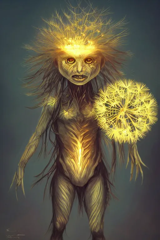 Image similar to a glowing humanoid figure dandelion monster with large glowing eyes, highly detailed, digital art, sharp focus, trending on art station, artichoke, anime art style