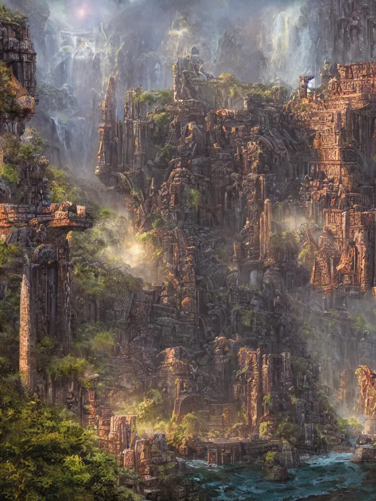 Prompt: gigantic aztec temple, bridge across huge waterfalls, fortress, aegis, huge blocks of stone, vines, baobab trees, massive aztec statues, distant horizon, space stars milky way nebula, daniel dociu, vladimir motsar, temple ruins artstation trending, john park art, james gurney