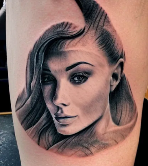 Image similar to realism tattoo sketch of a isabelledeltore face double exposure mountain scenery, in the style of matteo pasqualin, amazing detail, sharp, faded