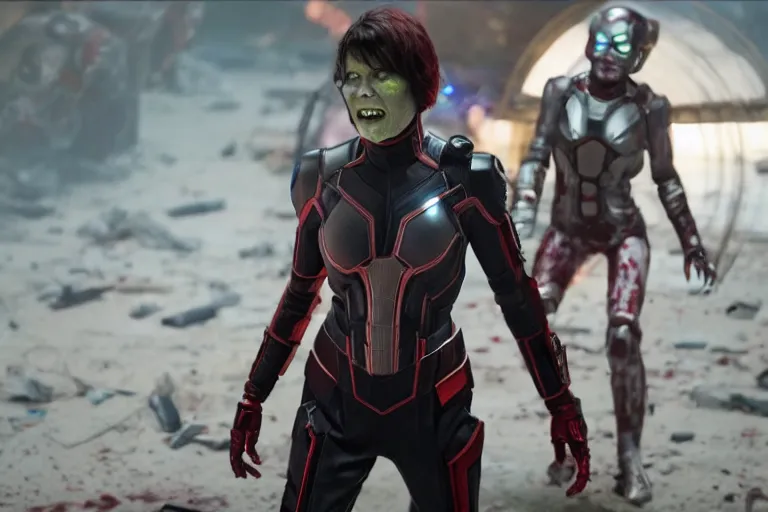 Image similar to film still of zombie zombie Hope Van Dyne The Wasp as a zombie in new avengers movie, 4k