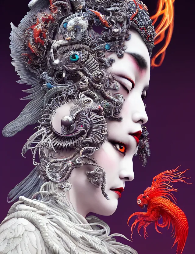 Image similar to 3 d goddess of hell close - up profile portrait with ram skull. beautiful intricately detailed japanese crow kitsune mask and clasical japanese kimono. betta fish, jellyfish phoenix, bio luminescent, plasma, ice, water, wind, creature, artwork by tooth wu and wlop and beeple and greg rutkowski