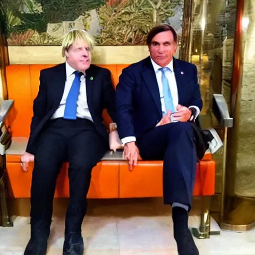 Prompt: Jair Bolsonaro on a date with Boris Johnson, wide angle, hyper realistic, paparazzi photo