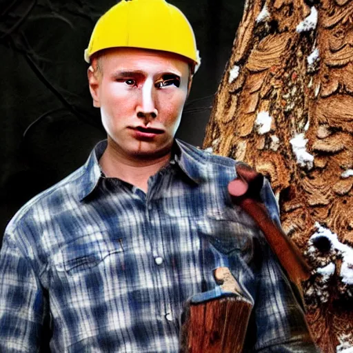 Prompt: Closeup of Vladimir Putin posing as a lumberjack. He has an axe in his hand and is wearing a yellow helmet. He looks very surprised. Hyper realistic photo. Full colour. Extremely detailed facial features.