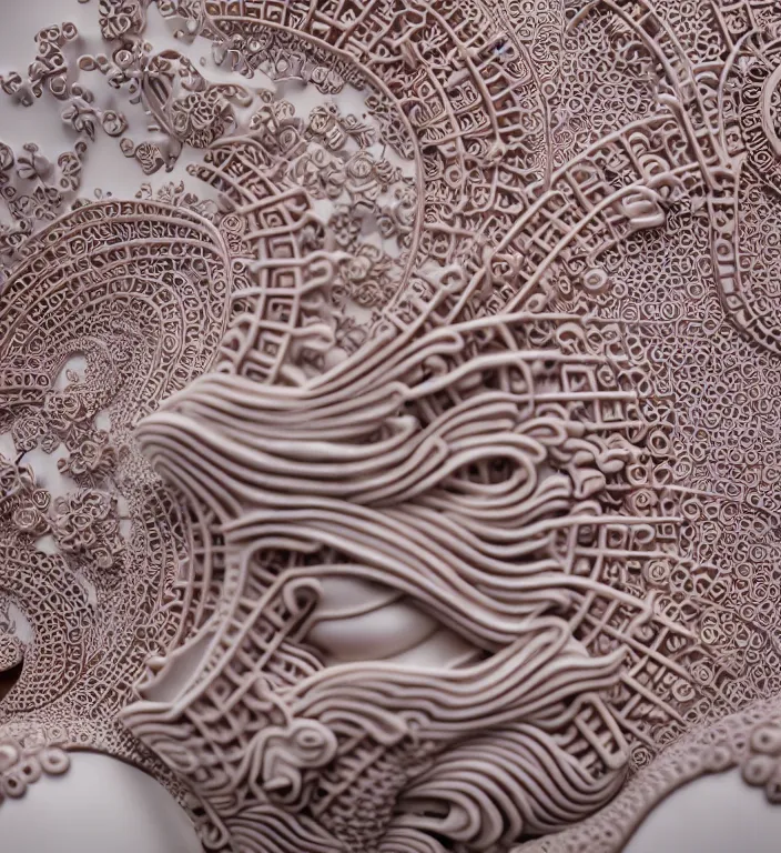 Image similar to Japanese architecture , A Close up photo-real delicate ceramic porcelain sculpture of a symmetrical ornate detailed in front of an intricate background by Victo Ngai and takato yamamoto, micro detail, backlit lighting, face in focus, subsurface scattering, translucent, thin porcelain, octane renderer, colorful, physically based rendering, japanese pottery, trending on cgsociety