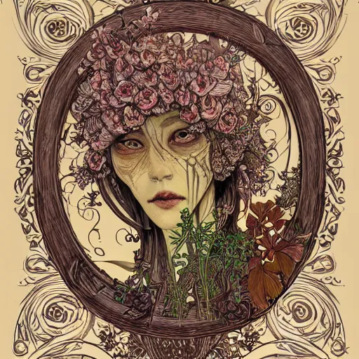 Prompt: a beautiful detailed front view portrait of a rotten woman corpse with fractal plants and fractal flowers and mushrooms growing around, symmetrical, ornate, ornamentation, illustration, in the style of art nouveau, mucha