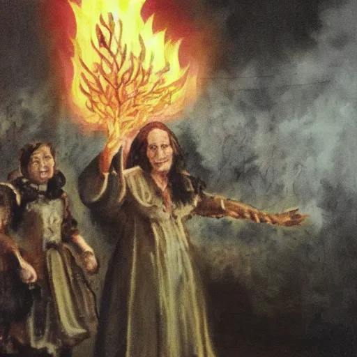 Prompt: rainbow fire burning a witch during salem trial