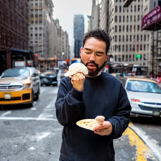 Image similar to an angry god looking at his tiny ice cream cone in nyc.