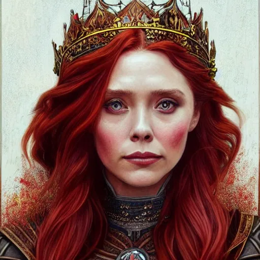 Image similar to Elizabeth Olsen with red hair and crown as Cersei Lannister,a song of ice and fire , fantasy, intricate, elegant, highly detailed, digital painting, artstation, concept art, matte, sharp focus, illustration, art by Artgerm and Greg Rutkowski and Alphonse Mucha