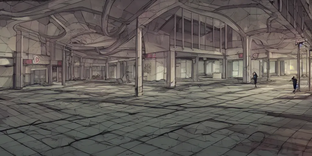 Prompt: eerie abandoned mall, horror - themed, award - winning anime digital art