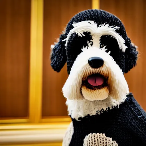 Image similar to a closeup photorealistic photograph of a cute smiling knitted bernedoodle judge dog dressed in a black gown and presiding over the courthouse. indoors, professional capture, well lit shot. this 4 k hd image is trending on artstation, featured on behance, well - rendered, extra crisp, features intricate detail, epic composition and the style of unreal engine.