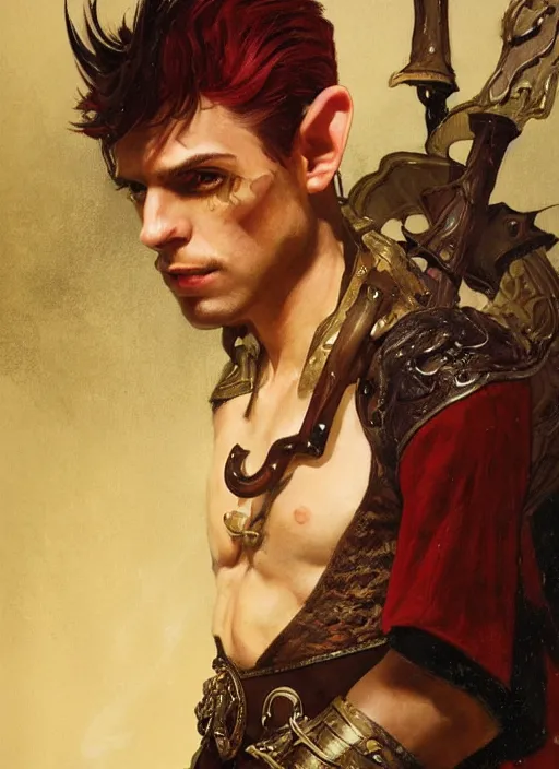 Prompt: medium-length portrait of a male half-elf dashing swashbuckler with a mohawk and brown eyes, fair skin, cocky expression, wears a ostentatious bright red longcoat, medieval setting, highly detailed, digital painting, artstation, concept art, sharp focus, illustration, art by greg rutkowski and alphonse mucha