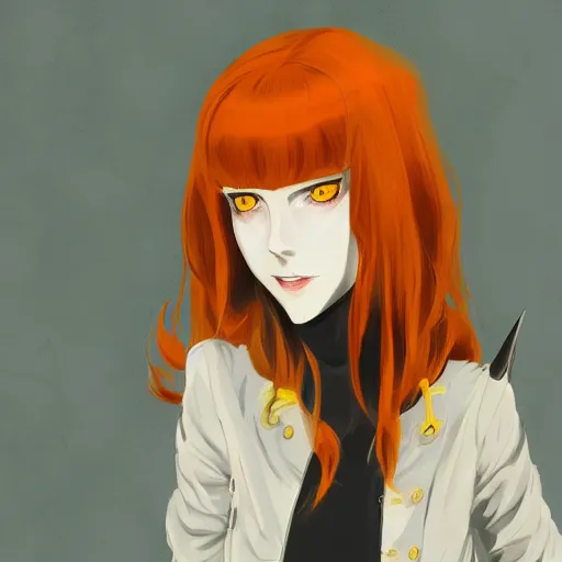 Prompt: a pale redheaded demoness with yellow eyes and horns wearing a jacket, highly detailed, digital painting, artstation, matte, by makoto shinkai, animation style