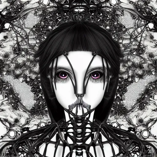 Image similar to surreal manga anime photo portrait of complex bio-mechanical beautiful young female skeletal cyborg with a Mandelbrot fractal steampunk metal fine lace face, retrofuturistic depressing, floral foliage super big lace collar, rococo, steampunk, 8k