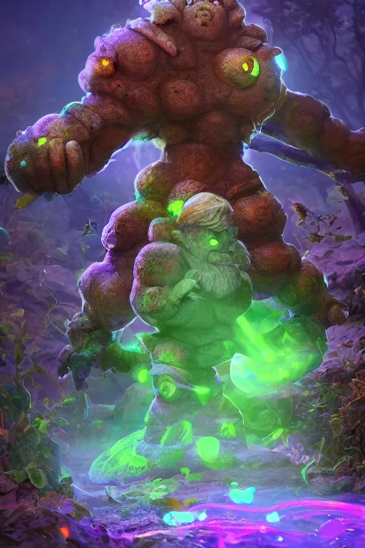 Image similar to arcane fantasy art giant golem elemental wood rock bastion forged gemstone enchanted forest troll, global illumination ray tracing hdr fanart arstation by sung choi and eric pfeiffer and gabriel garza and casper konefal lisa frank zbrush central hardmesh radiating a glowing aura