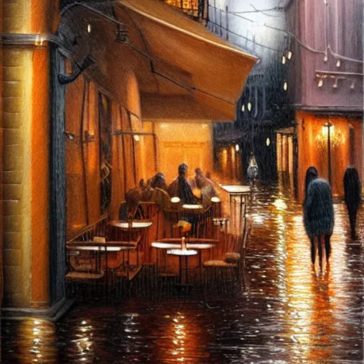 Prompt: cozy warm coffee place in the rain, evening, warm lighting, realistic, intricate, detailed, concept art, classical painting, soft light, trending on art station. n-4 h-708