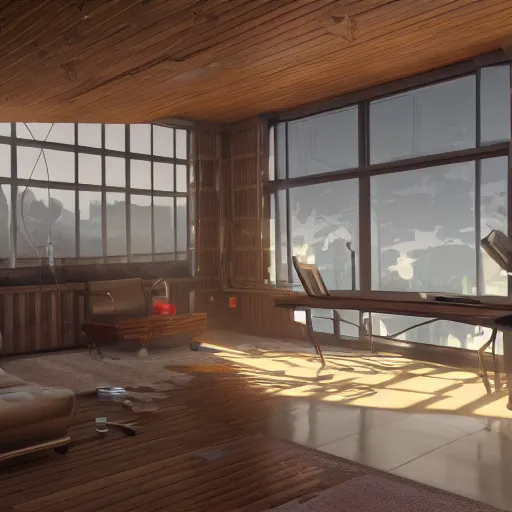 Image similar to Sci fi living room research laboratory, electric wallpaper, unreal engine 5 tech demo, zillow interior, cool tint, metallic reflective, octane render, Frank Lloyd Wright ((Studio Ghibli))