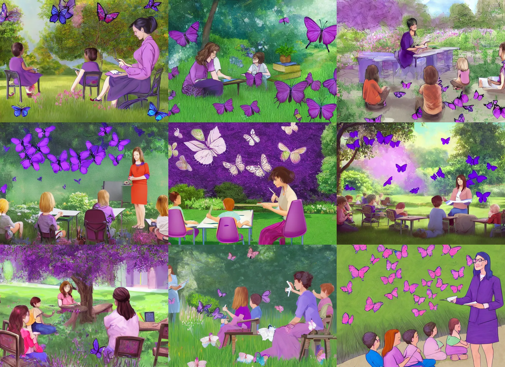 Prompt: a woman teaching a math class in a beautiful garden, she is writing on a whiteboard, purple butterflies fly around the garden and children sit and pay attention to the teacher, digital art, cgsociety, night like colors