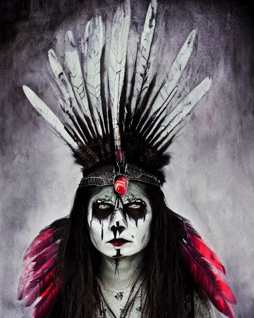 Image similar to lady native sisters ghost - spirit of the grim - warpaint wears the scarlet skull armor and native blood headdress feathers, midnight fog - mist!, dark oil painting colors, realism, cinematic lighting, various refining methods, micro macro autofocus, ultra definition, award winning photo, photograph by ghostwave - gammell - giger - shadowlord