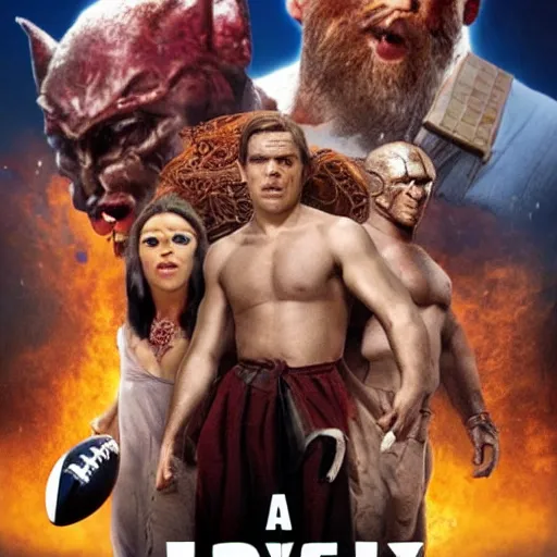 Image similar to a movie poster about fantasy races fighting over an american football