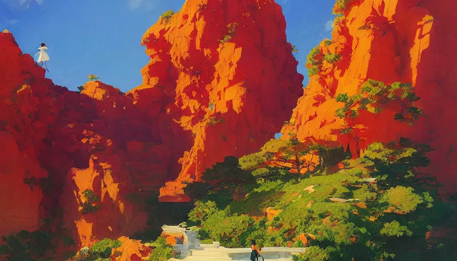 Image similar to RED Royal CRYSTAL castle built OVER CLIFF, hyperdetailed, artstation, cgsociety,by studio ghibli painting,by Joaquin Sorolla rhads Leyendecker, by Ohara Koson and Thomas, 8k