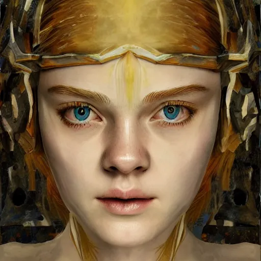 Image similar to Elle Fanning in the painted world of Dark Souls, head and shoulders masterpiece, apocalypse, golden hour, cosmic horror, artstation, in the style of Cubism, extremely detailed