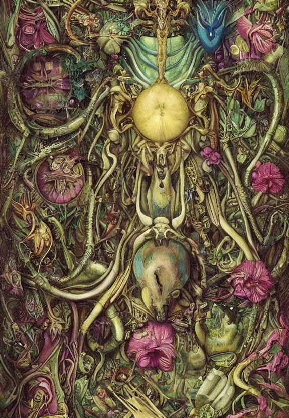 Prompt: simplicity, simple, elegant, colorful muscular robot, botany, orchids, radiating, mandala, psychedelic, garden environment, dappled sun, wolf skulls, by h. r. giger and esao andrews and maria sibylla merian eugene delacroix, gustave dore, thomas moran, pop art, biomechanical xenomorph, art nouveau, whimsical