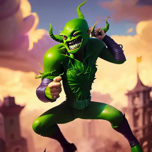 Image similar to clash royale green goblin, by tom bagshaw and ilya kuvshinov, rtx rendering, octane render 1 2 8 k, maya, extreme high intricate details by wlop, digital anime art by ross tran, medium shot, composition by sana takeda, dramatic lighting by greg rutkowski