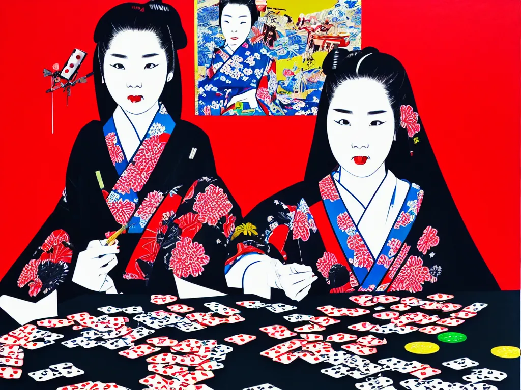 Prompt: hyperrealistic composition of the detailed woman in a japanese kimono sitting at a poker table with detailed darth vader, fireworks, mount fuji on the background, pop - art style, jacky tsai style, andy warhol style, acrylic on canvas
