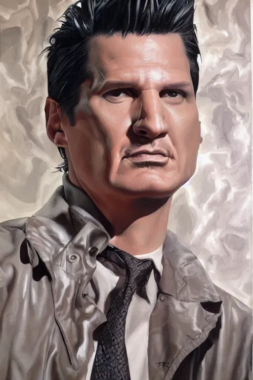 Prompt: expressive exaggerated portait painting of zak bagans by alex ross!!!, phil hale!!!!, visible brush strokes, graphic,'action lines '!!!!, striking, sharp, hd image