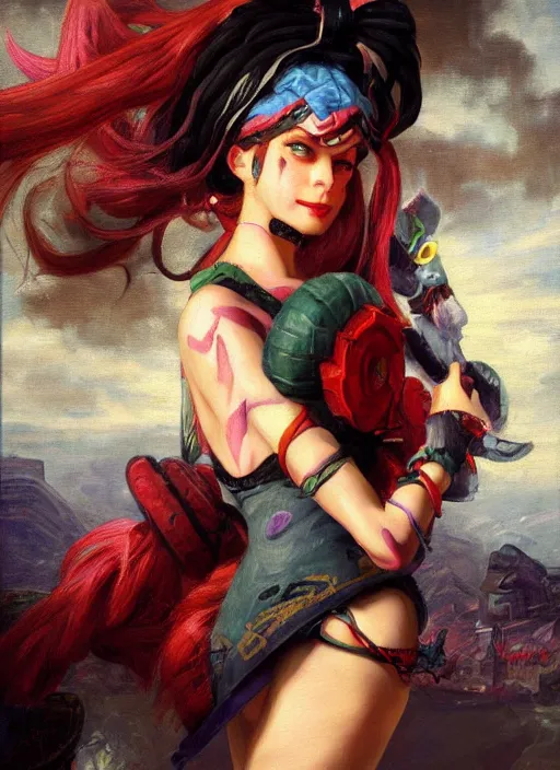 Prompt: oil painting of jinx league of legends in the style of sophie anderson,