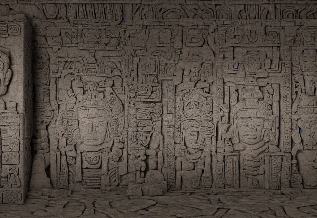 Image similar to a mayan temple interior with symmetric recogniseable giant face portrait of a mayan god-emperor in the center Carved in stone relief style behind an ancient altair of sacrafice. 3d render. Realistic. Well Detailed. Torch light. Omnious, intricate. H.r. giger painting influenced by alien reliefs