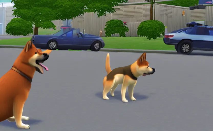 Image similar to a shiba inu watches a police car burn in the sims
