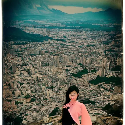 Image similar to dressed beautiful girl looking from the edge of the mountain on the giant city of cats below, highly detailed photo portrait, nostalgic, polaroid, calm