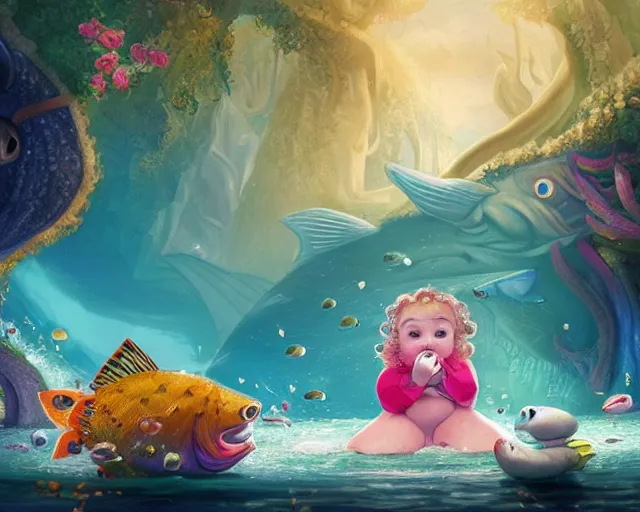 Image similar to of a very beautiful scene. a sweet fat little girl is in love with a huge, colorful and beautiful fish. hyper realistic. 4 k. wide angle. in the baroque style. wild. symmetrical face, red mouth, blue eyes. deep focus, lovely scene. processing block environment. concept art. unreal engine.