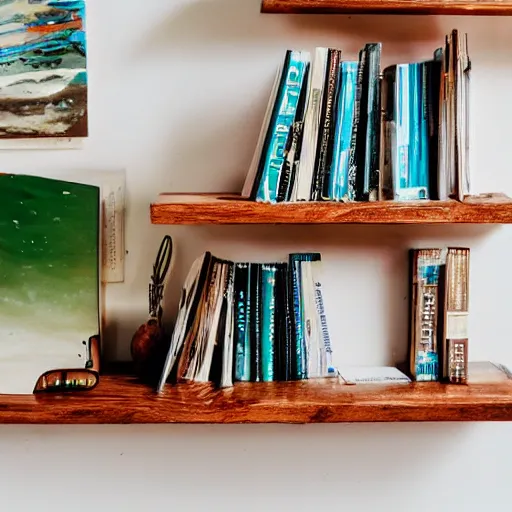 Prompt: a book on a wood shelf