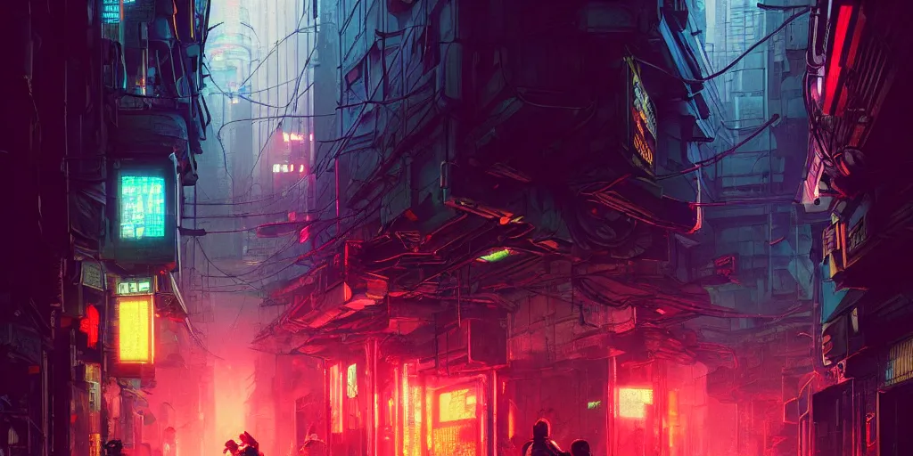 Image similar to cyberpunk streets of manila, detailed intricate illustration, dark atmosphere, detailed illustration, hd, 4 k, digital art, overdetailed art, by greg rutkowski, by loish, complementing colors, trending on artstation, deviantart