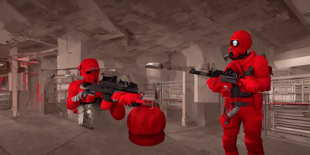 Image similar to red hazmat holding a minimalist shotgun, in an underground facility, sterile, MC Escher style architecture, human farm, action shot, cinematic, unreal engine, concept art