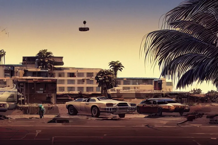 Image similar to broken robot | abandoned motel | palm trees | snowy mountains | moon in sky, painting by syd mead and weta studio and greg rutkowski and james jean and frank frazetta, gta san - andreas game screenshot, highly detailed, rule of third, soft lighting, architectural magazine, insanely intricate details, artstation trending, hypermaximalistic, high details, cinematic