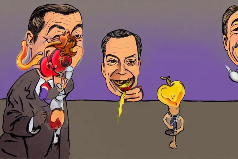 Image similar to a painting of nigel farage being spitroasted by two men over a fire with an apple in his mouth, digital art