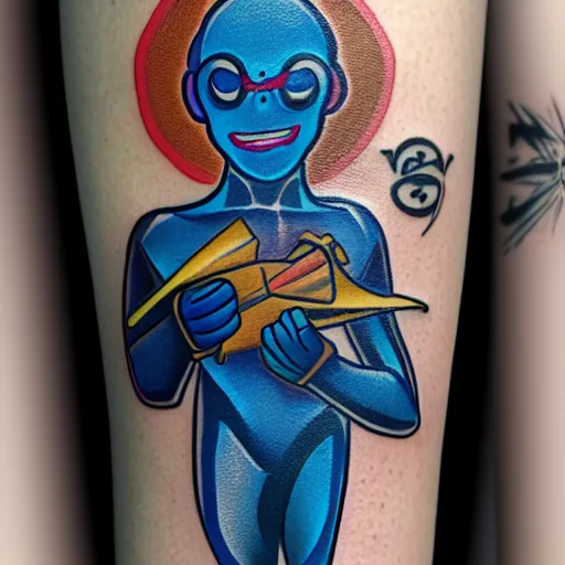 Image similar to new school tattoo of blue alien holding a ray gun