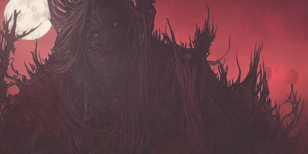 Image similar to an ultra detailed vector image of a big daddy in the style of bloodborne, concept art by alphonse mucha and greg rutkowski, scary shadows, blood moon eclipse, octane render, liminal space