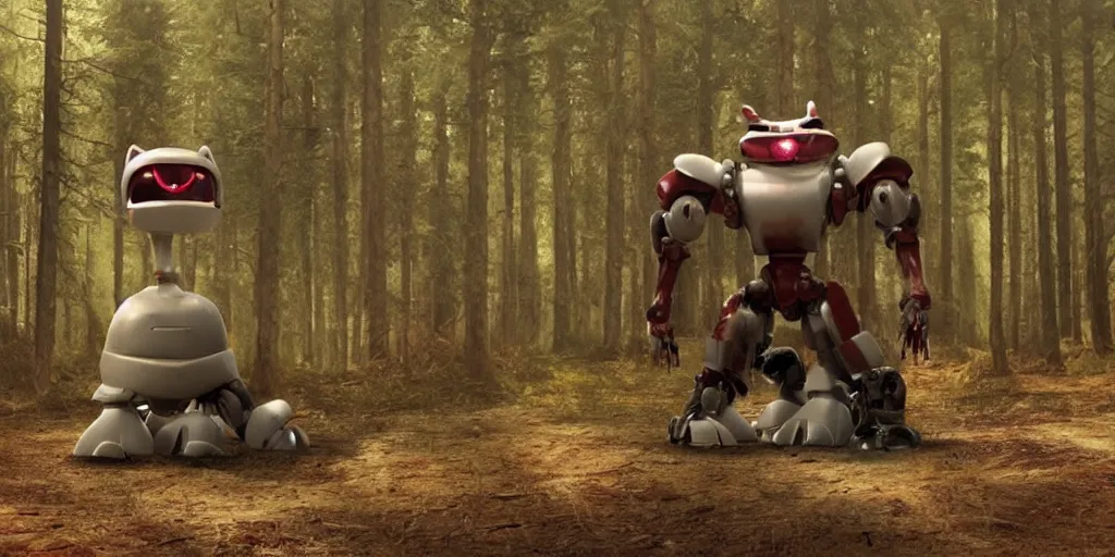 Image similar to horrifying huge robot - rabbit with blood dripping from it's mouth coming at you in old pine forest, movie scene, movie lighting, detailed, realistic