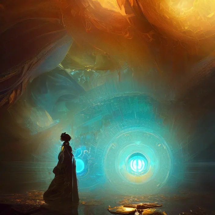 Image similar to within a flower the whole and finite capsule apparent with awe the apparition, an idea seep's into infinity highly detailed in volumetric latent space, golden turquoise steampunk, high contrast cinematic light, mystical shadows, sharp focus, divine realm of gods, octane render, artist by greg rutkowski,