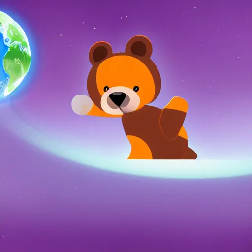 Image similar to cartoon animated illustration of a bear mascot being launched from a futuristic marble planet, purple and orange cloudland