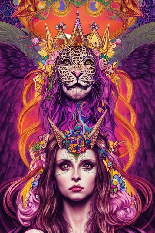 Image similar to a portrait of the lisa frank church of satan, leopard print, rainbow unicorns, gothic, highly detailed, digital painting, crown of skulls, artstation, smooth, sharp focus, illustration, art by artgerm and greg rutkowski and alphonse mucha and william - adolphe bouguereau