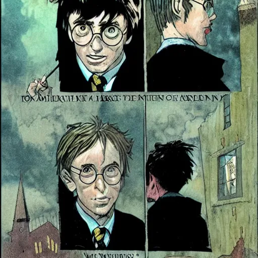 Prompt: in one frame Harry Potter talking to the Sandman in The Sandman comic, by Neil Gaiman, by Dave McKean, comics Sandman, small details, whole-length, clear faces, high detail